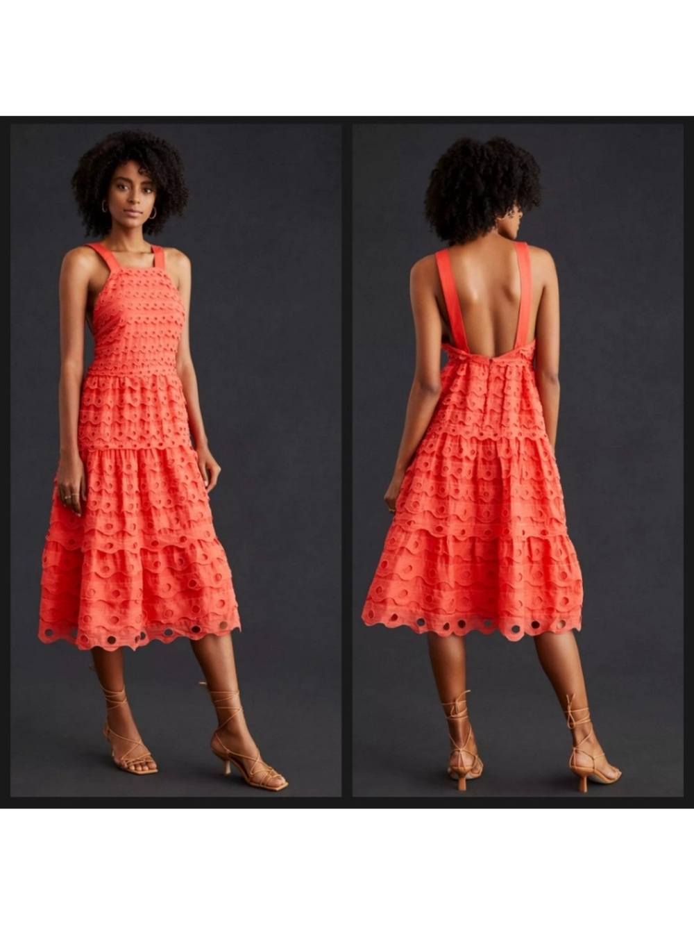 Anthropologie Coral Eyelet Tiered Midi Dress - Coral
